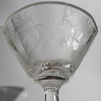 Antique Early Hand Etched Leaded DEER Scene Martini Glass 5-1/4" Tall as Pictured.
