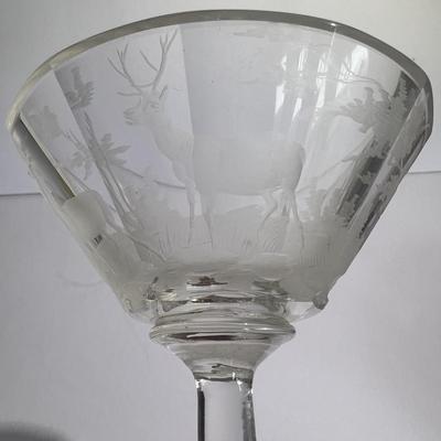 Antique Early Hand Etched Leaded DEER Scene Martini Glass 5-1/4" Tall as Pictured.