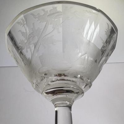 Antique Early Hand Etched Leaded DEER Scene Martini Glass 5-1/4" Tall as Pictured.