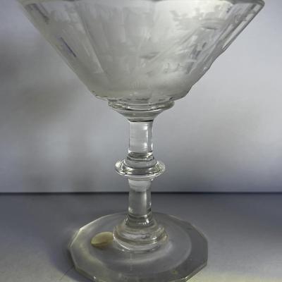Antique Early Hand Etched Leaded DEER Scene Martini Glass 5-1/4" Tall as Pictured.
