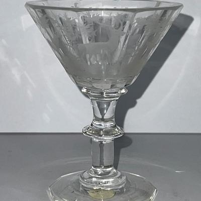 Antique Early Hand Etched Leaded DEER Scene Cordial Glass 4" Tall as Pictured.