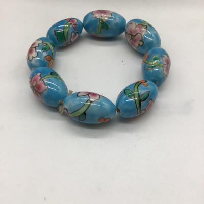 Turquoise Beaded Bracelet Hand painted Porcelain Ceramic Beads Tropical Flowers