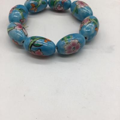 Turquoise Beaded Bracelet Hand painted Porcelain Ceramic Beads Tropical Flowers