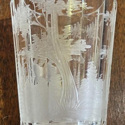 Antique Early Hand Etched Leaded DEER Scene Small Drink Glass 3" Tall as Pictured.