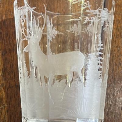 Antique Early Hand Etched Leaded DEER Scene Small Drink Glass 3" Tall as Pictured.
