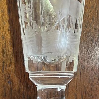 Antique Early Hand Etched Leaded DEER Scene Small Shot Glass 3-1/2