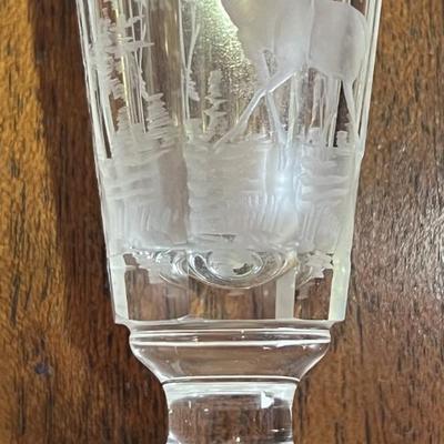 Antique Early Hand Etched Leaded DEER Scene Small Shot Glass 3-1/2" Tall as Pictured.