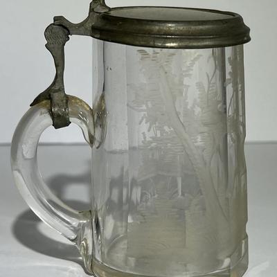 Antique Early Hand Etched Leaded DEER Scene Mini Stein 3-3/4" Tall as Pictured.