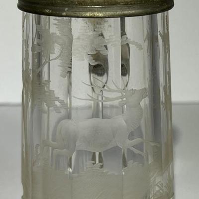Antique Early Hand Etched Leaded DEER Scene Mini Stein 3-3/4