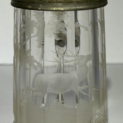 Antique Early Hand Etched Leaded DEER Scene Mini Stein 3-3/4" Tall as Pictured.