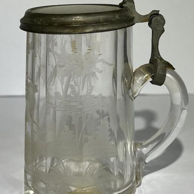Antique Early Hand Etched Leaded DEER Scene Mini Stein 3-3/4