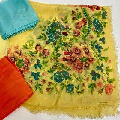 Scarves Lot - large floral pattern on yellow, medium size solid yellow, small blue, small orange