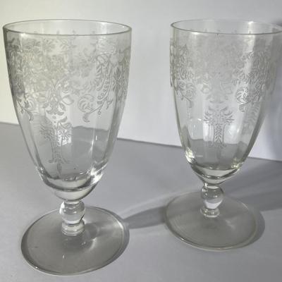 2-Antique Early Duncan & Miller Etched Wine Glasses 6" Tall in Good Condition as Pictured.