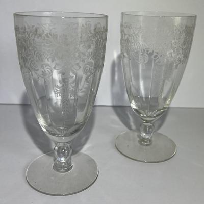 2-Antique Early Duncan & Miller Etched Wine Glasses 6" Tall in Good Condition as Pictured.