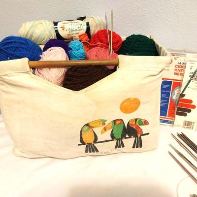 CANVAS BAG FULL OF YARN=KNITTING NEEDLES AND PROJECT BOOKLETS