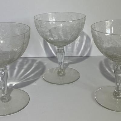 3-Antique Early Duncan & Miller Etched Cordial/Wine Glasses in Good Preowned Condition as Pictured.