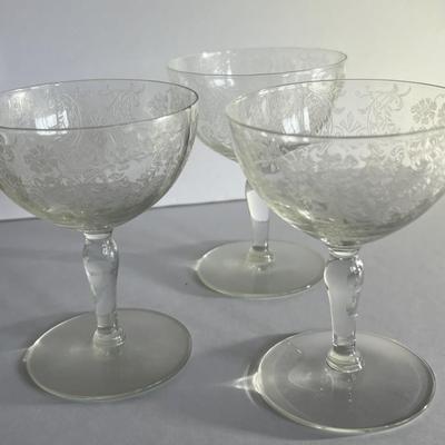 3-Antique Early Duncan & Miller Etched Cordial/Wine Glasses in Good Preowned Condition as Pictured.