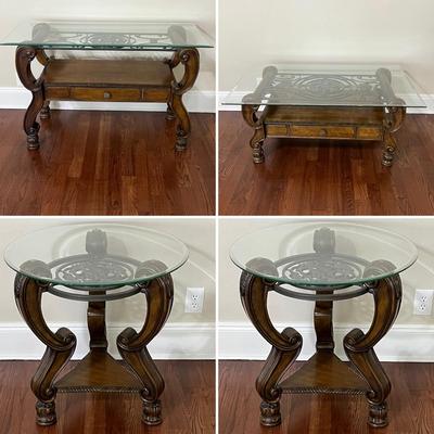 Living Room Suite Four (4) Piece Set ~ Wooden & Metal Beveled Glass Top Tables