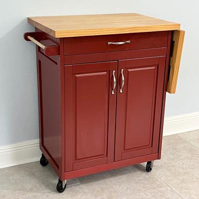 Red Wooden Rolling Kitchen Cart With Butcher Block Top