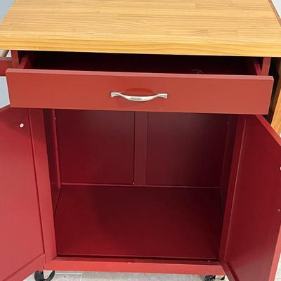 Red Wooden Rolling Kitchen Cart With Butcher Block Top