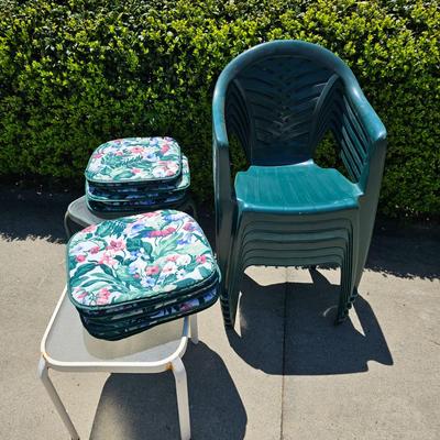 Six Plastic Outdoor Chairs & Cushions w/ Two Tables (G-JS)