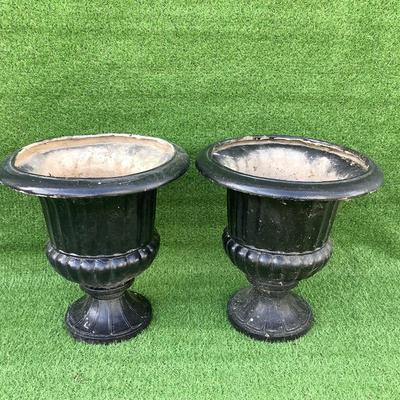 118 Pair of Black Fiberglass Pedestal Urn Planters