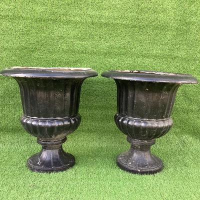 118 Pair of Black Fiberglass Pedestal Urn Planters