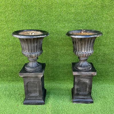 122 Pair of Outdoor Fiberglass Urn Planters on Pedestal Bases