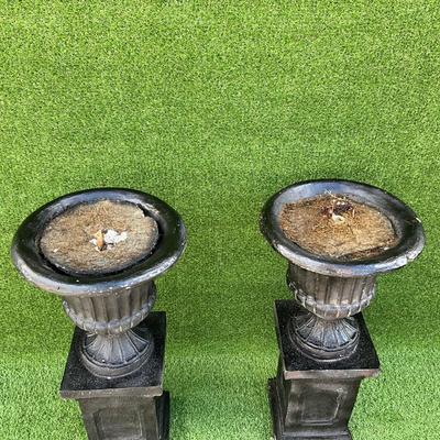 122 Pair of Outdoor Fiberglass Urn Planters on Pedestal Bases