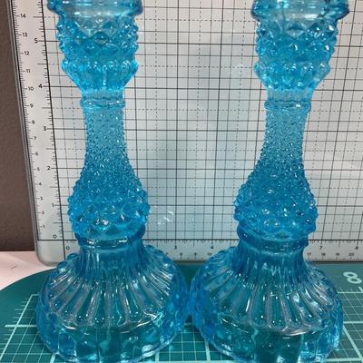 Blue hobnail candle holders