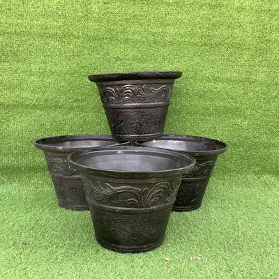 126 Set of Four Plastic Black Round Planters