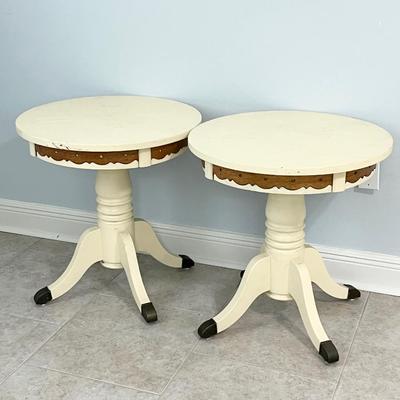 Pair (2) ~ 24” Round Solid Wood Rustic Painted Side Tables With Metal Feet
