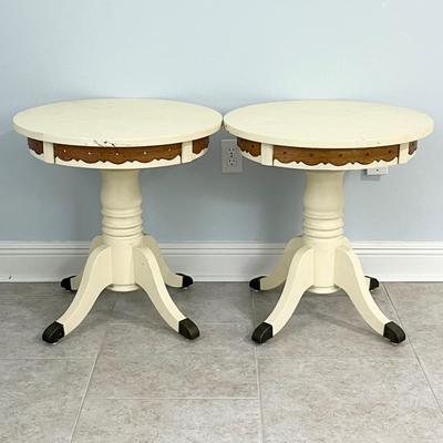 Pair (2) ~ 24” Round Solid Wood Rustic Painted Side Tables With Metal Feet