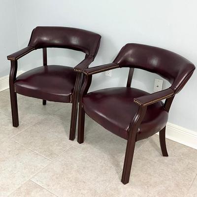 Pair (2) ~ Faux Leather Cushioned Side Chairs ~ With Nailhead Trim