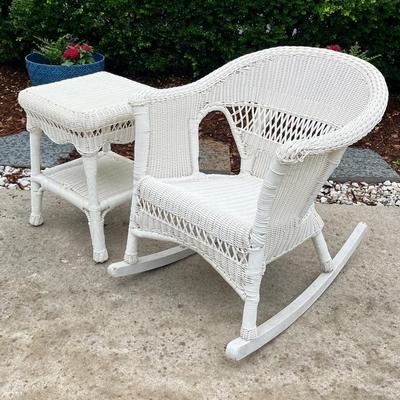 White Weather-Proof Wicker Rocker & Matching Table