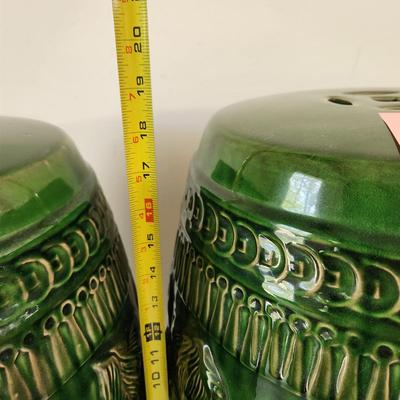 Pair Green Ceramic Chinese Dragon Stools 18