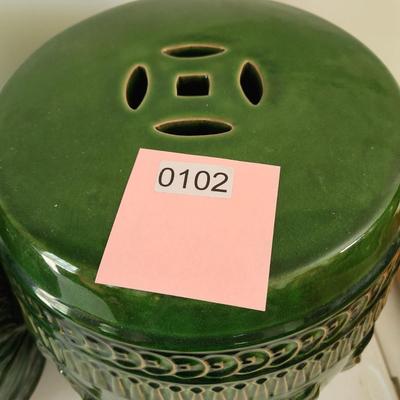 Pair Green Ceramic Chinese Dragon Stools 18" tall