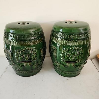 Pair Green Ceramic Chinese Dragon Stools 18