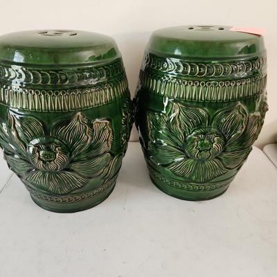 Pair Green Ceramic Chinese Dragon Stools 18" tall