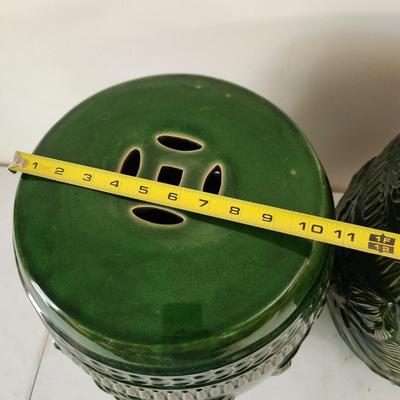 Pair Green Ceramic Chinese Dragon Stools 18" tall