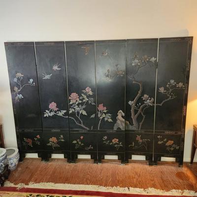6 Panel Chinese Black Lacquer with Inlay Folding Screen