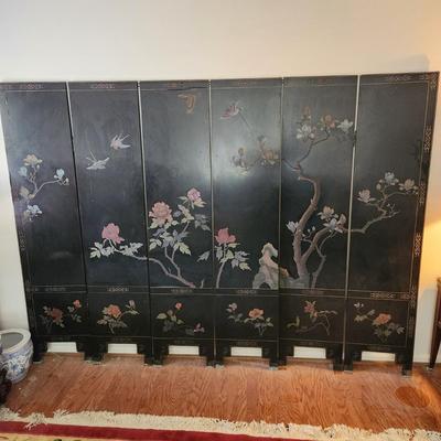 6 Panel Chinese Black Lacquer with Inlay Folding Screen