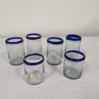 Hand Blown Blue Rimmed Drinking Glasses