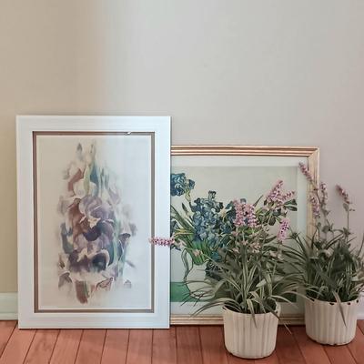 LOT 104: Framed Floral Art Posters w/ Pair of Faux Floral Arrangements