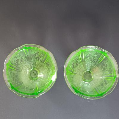 LOT 105: Uranium Glass Colonial & Cherry Blossom Design Sherbert Glasses
