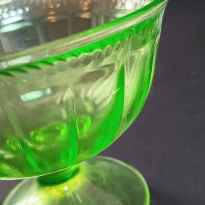 LOT 105: Uranium Glass Colonial & Cherry Blossom Design Sherbert Glasses