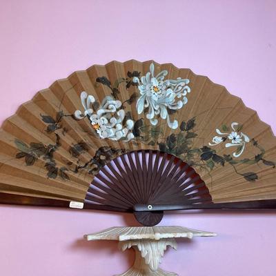 LOT 110: Large Hand Painted Asian Wall Fan and Chinoiserie Wall Shelf