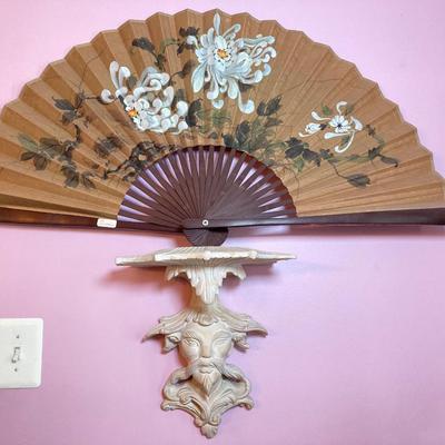 LOT 110: Large Hand Painted Asian Wall Fan and Chinoiserie Wall Shelf