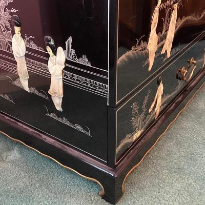 LOT 113: Beautiful Vintage Black Lacquer Embossed Mother of Pearl Chest
