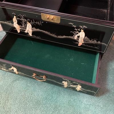 LOT 113: Beautiful Vintage Black Lacquer Embossed Mother of Pearl Chest